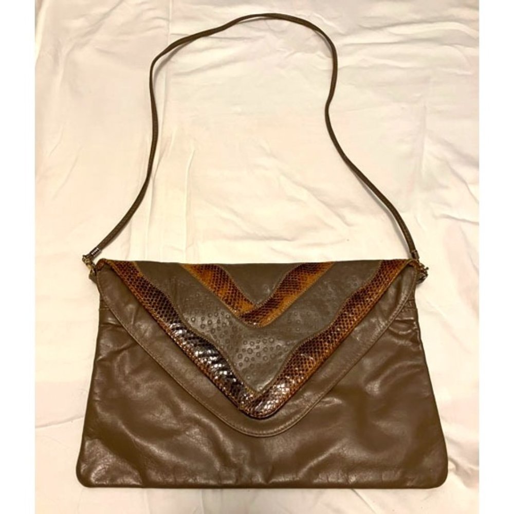 Vintage 70s 80s Leather Snakeskin Convertible Clutch Bag Purse Taupe